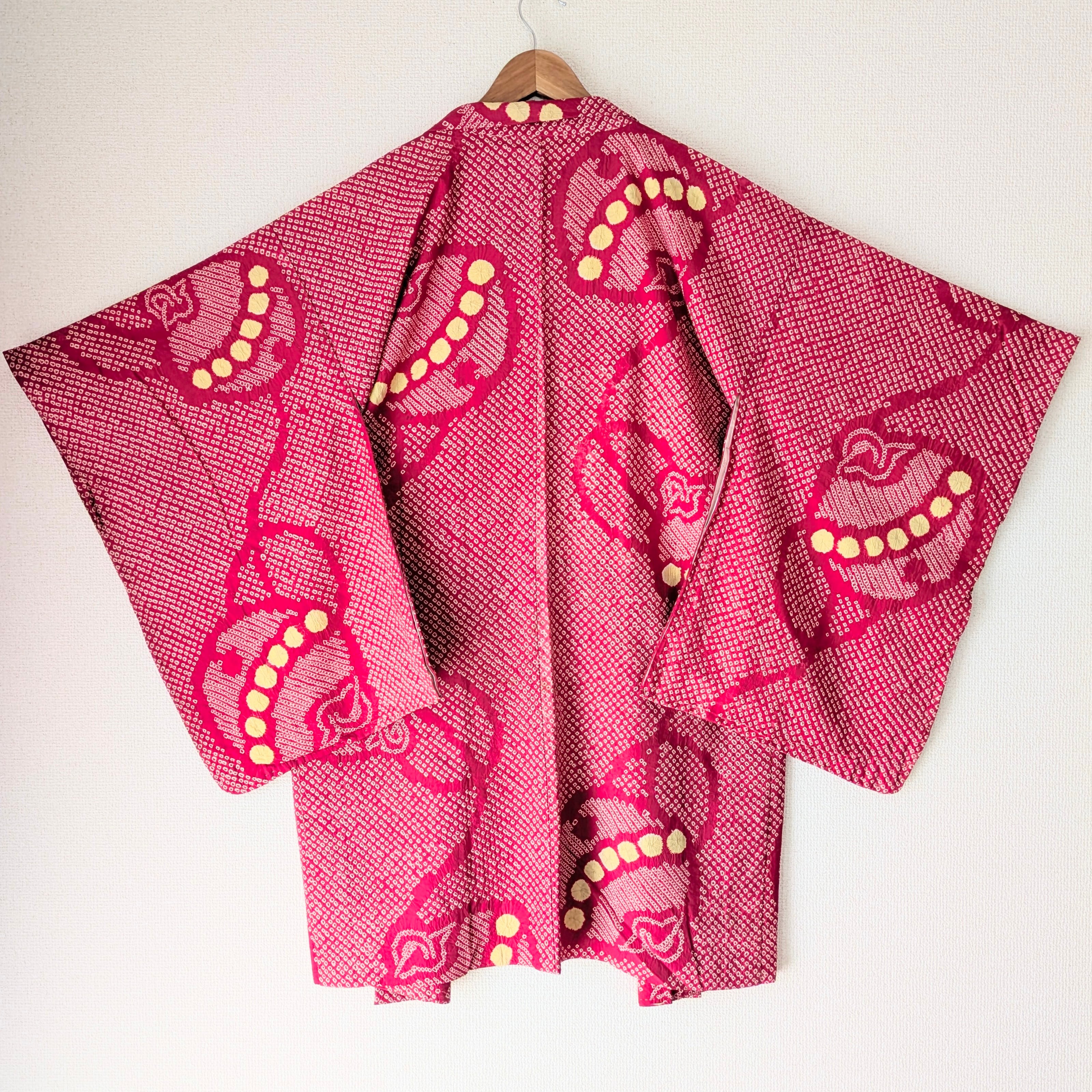 Vintage】HAORI 羽織 正絹 総絞り 赤 黄 鈴柄 大正浪漫 古布 時代布