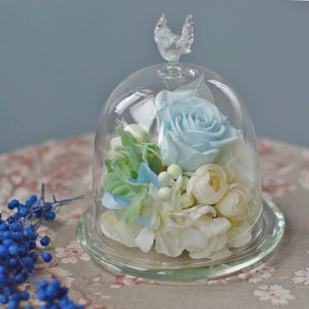 廃盤】ガラスドーム バード ブルー プリザーブドフラワー