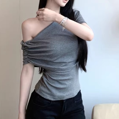 3色／アシメギャザーショルダートップス ・14486