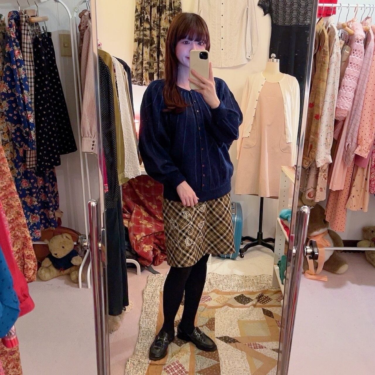 flower embroidery check mini skirt