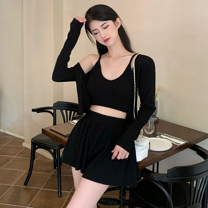 ブラックレディースサマーカーディガントップス ハイウェストカジュアルショーツ ロング 大人ガーリー スウィート キュート 夏物 ブルマー ガールズファッション66552759016