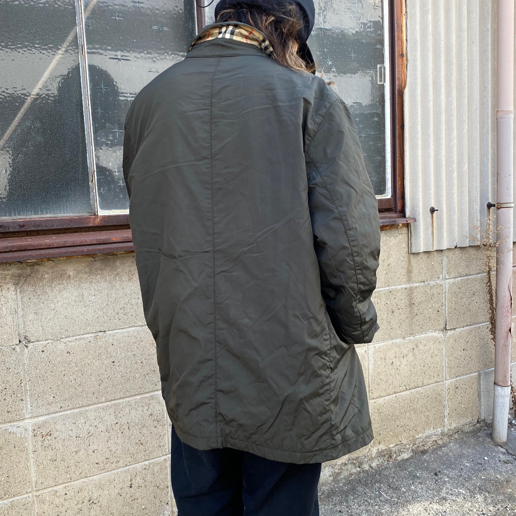 Burberry S バーバリー ポリエステル ナイロン ステンカラーコート メンズl相当 古着 バルマカーンコート 裏地バーバリーチェック カーキ オリーブグリーン ハーフコート コート Cave 古着屋 公式 古着通販サイト