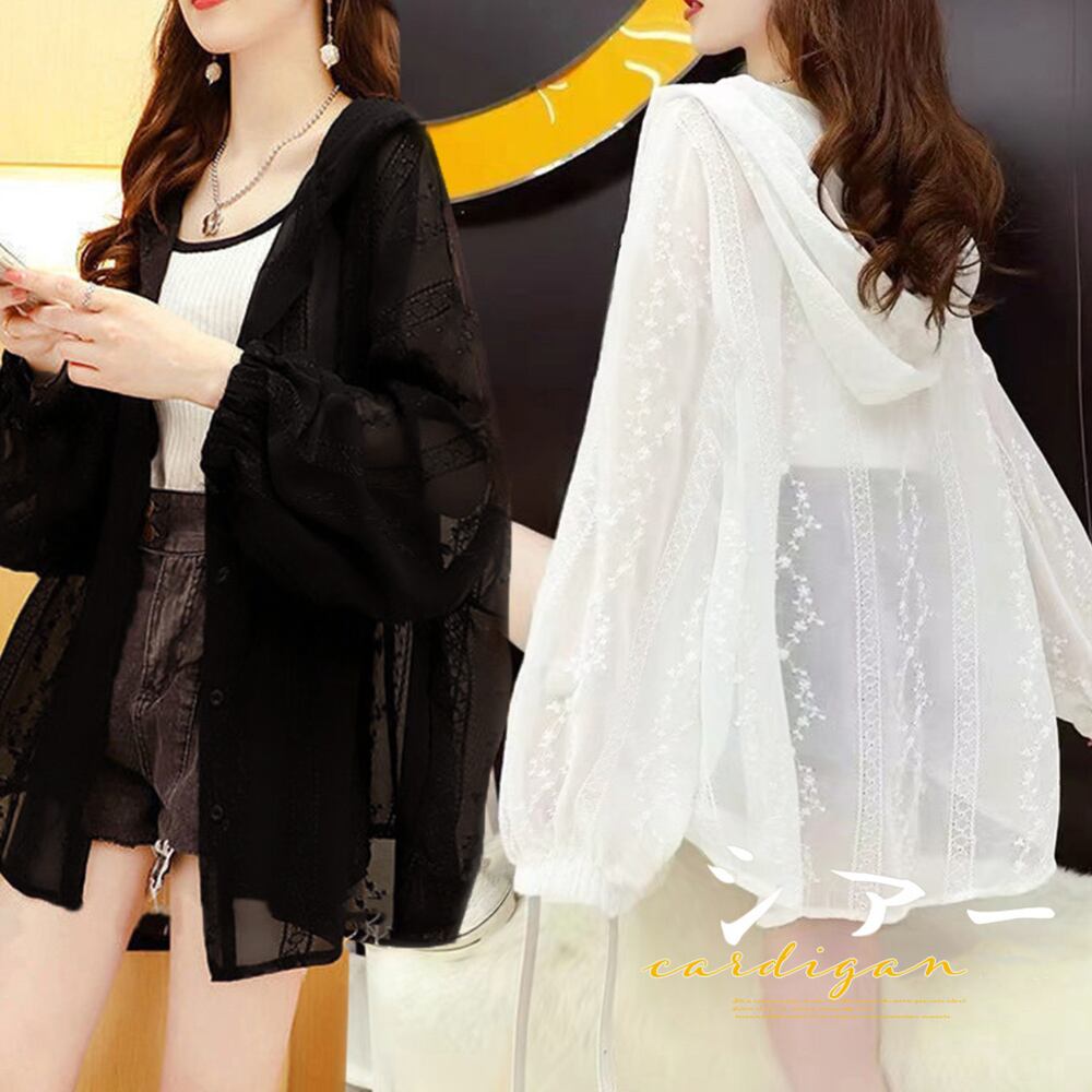 フード付きシアーカーディガン夏レディース