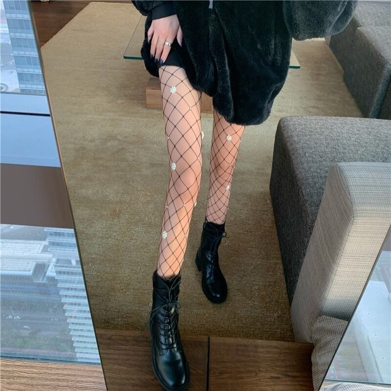 パールFlowerデザイン ネットソックス レッド タイツ ストッキング シルク 真珠 フラワーデザイン YY-ファッション80844284341