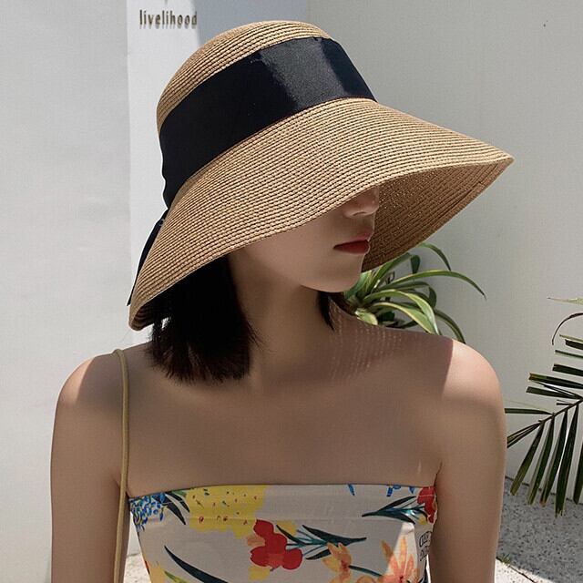 ストローハット キャペリン 麦わら帽 レディース リボン お出かけ デート ショッピング カジュアル おしゃれ ビーチ 春夏 ブラック/ブラウン