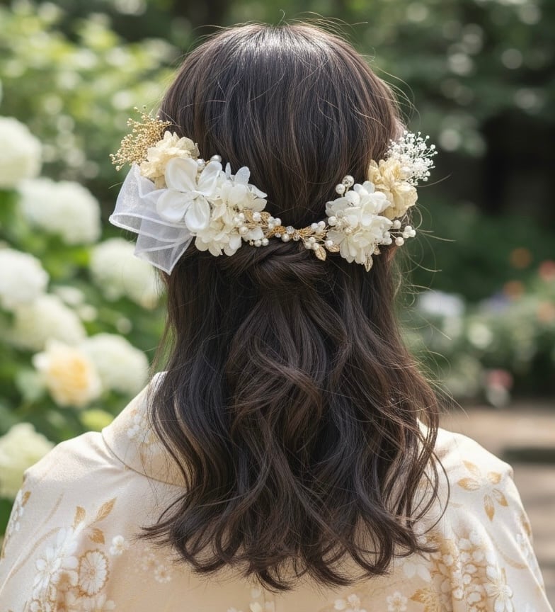 A528 ドライフラワー 髪飾り パール 卒業式 袴 成人式 振袖 結婚式 和装