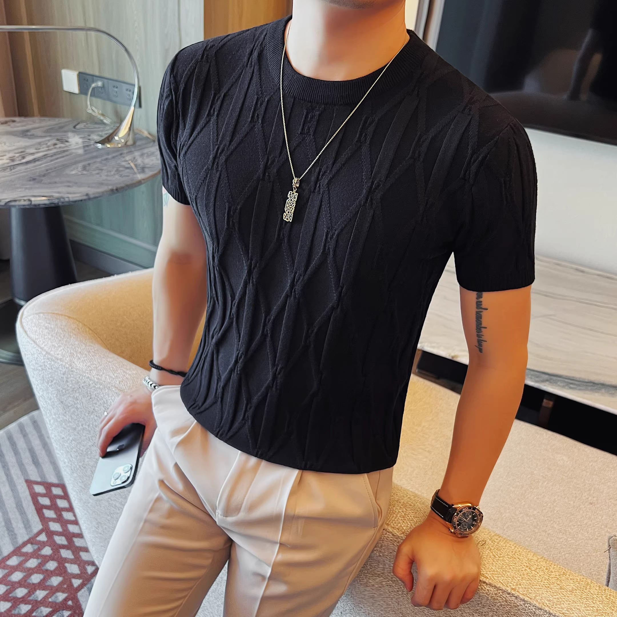 半袖 クルーネック スリム ニット 4color KA1333