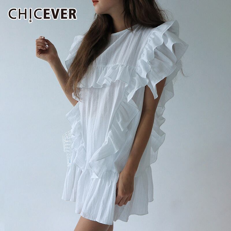 CHICEVERパッチワークフリルドレスレディースOネックバタフライ半袖オーバーサイズルーズミニドレス2020服 ショート ハーフスリーブ 6base521120983865