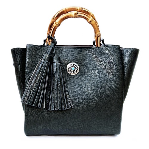 合成シュリンクレザーと天然バンブーのミニショルダートート(ブラック+ターコイズコンチョ) ☆数量限定品