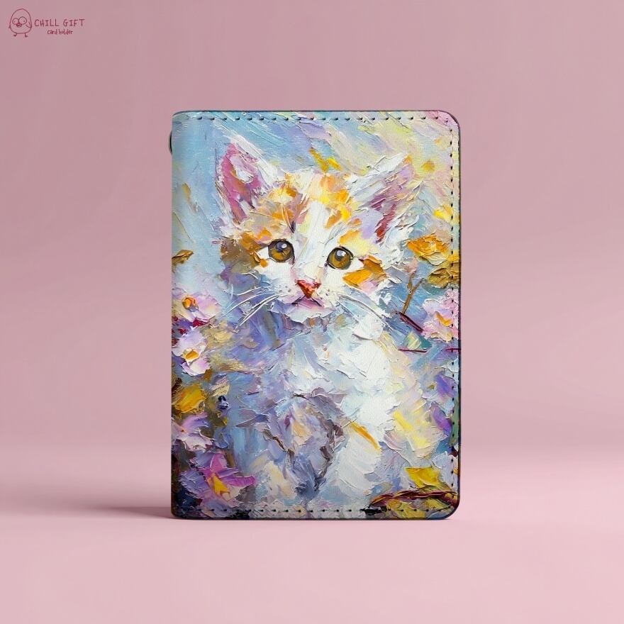 手のひらの中の絵画展~子猫とお花~ 二つ折りパスケース 定期入れ テクスチャ―アート
