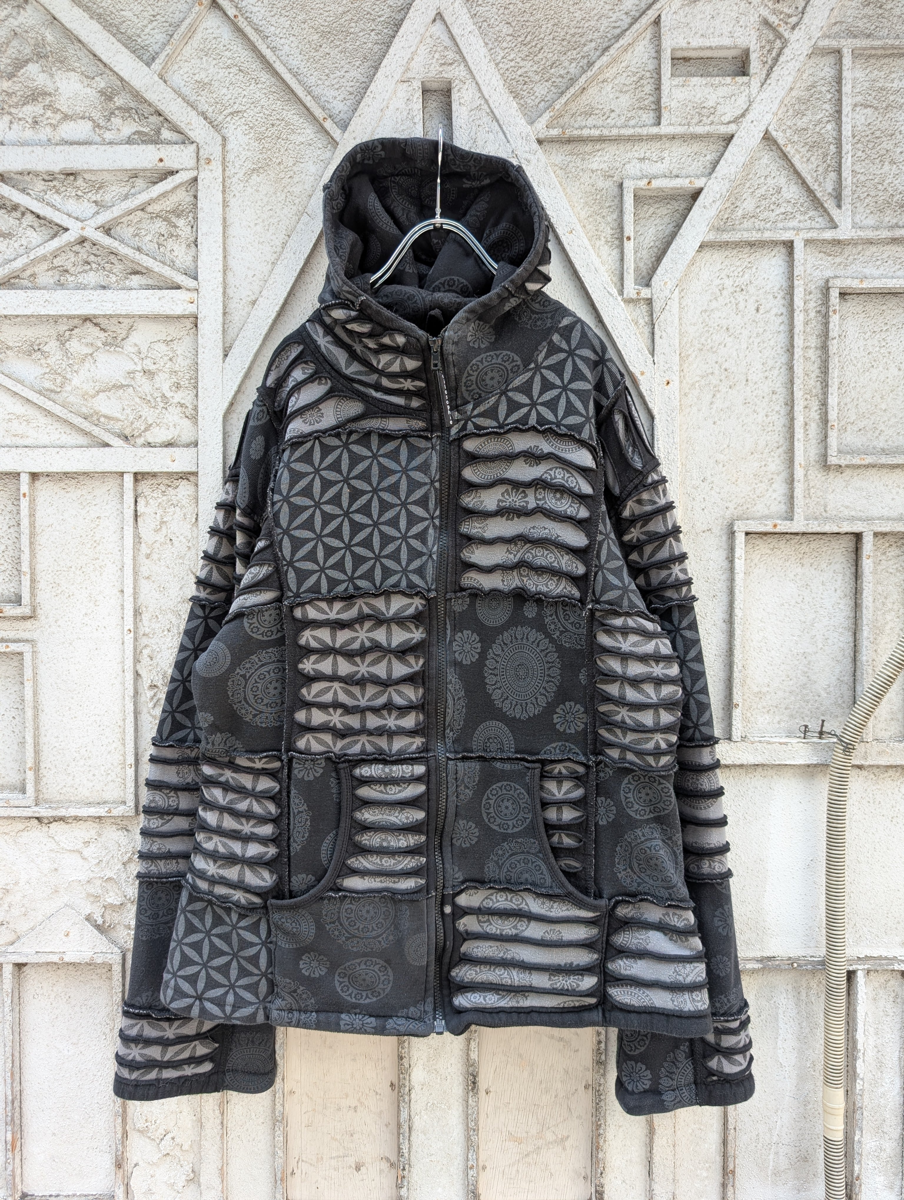 "NATIVE" patchwork design zip up hoodie