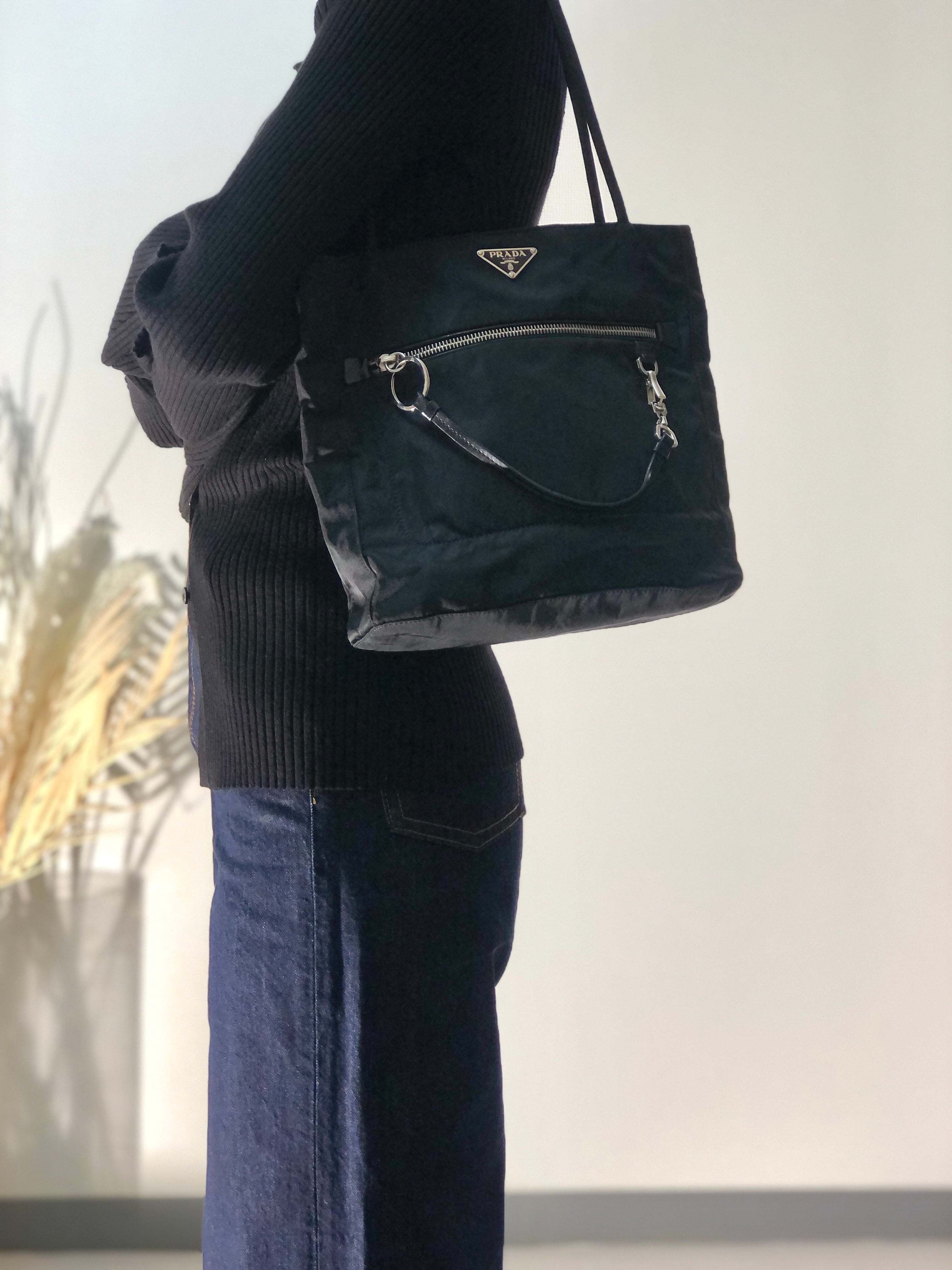 Prada Vintage - Logo Nylon Tote Bag - Black - Leather Handbag