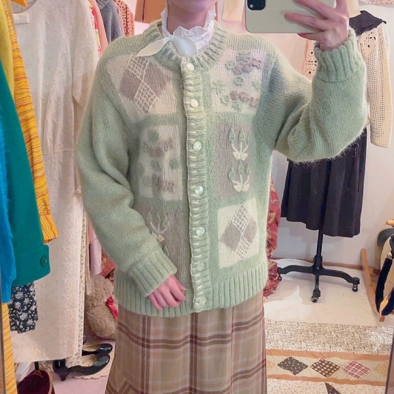 light green flower diamond cardigan