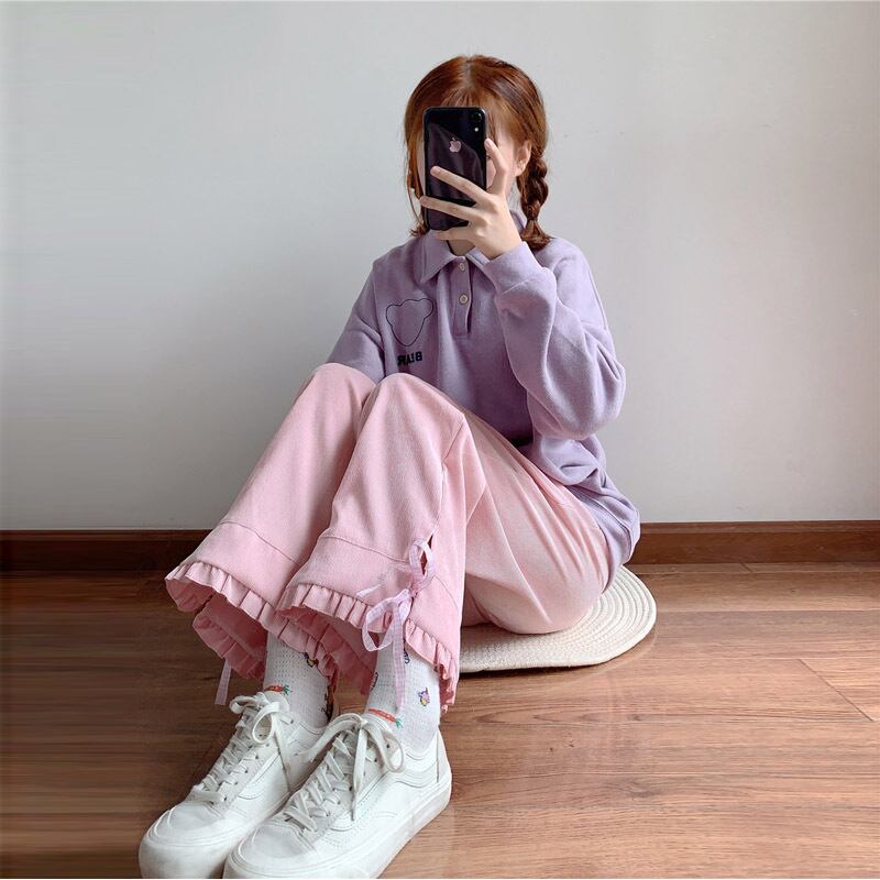 スプリングオータムパンツ リボンハイウェストウェストワイドレッグカジュアルレディース ピンク 大人ガーリー スウィート キュート 春物 秋物 ワイドパンツ 萌量不足84356175870