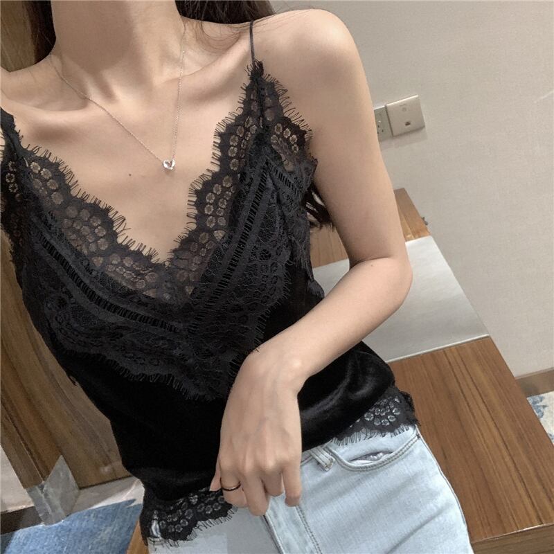 シックなボトミングとベルベットのスリングベストを備えた、新しいセクシーなVネックの細いショルダーストラップの春と夏のバージョン YY-ファッション71849206374