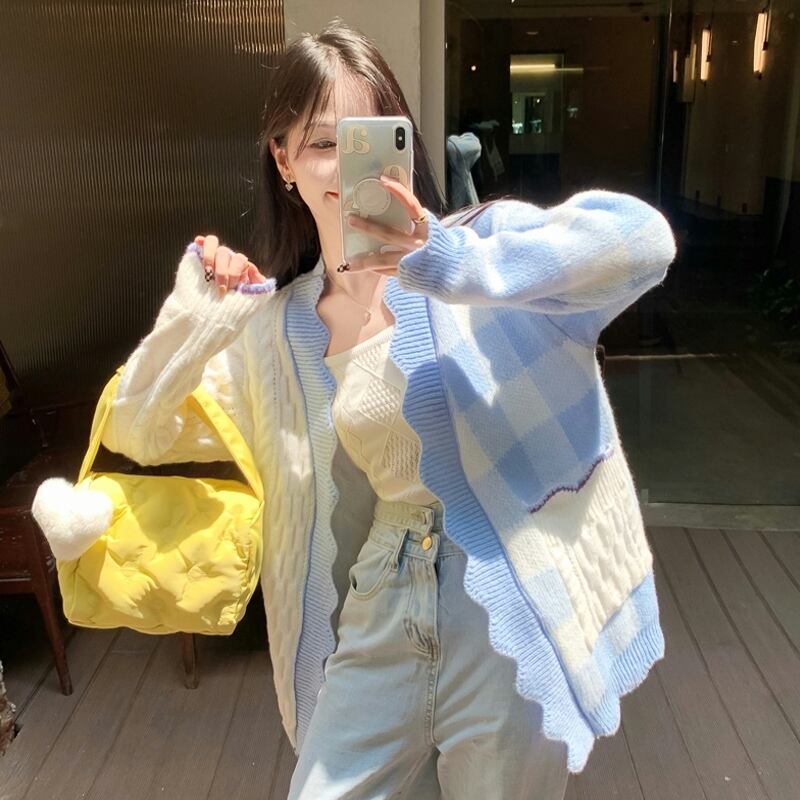 格子柄セーター コート オータムウィンタースタンダードスタイルニットカーディガン レトロ スプリング 春物 秋物 冬物 スーパーモール92529633357