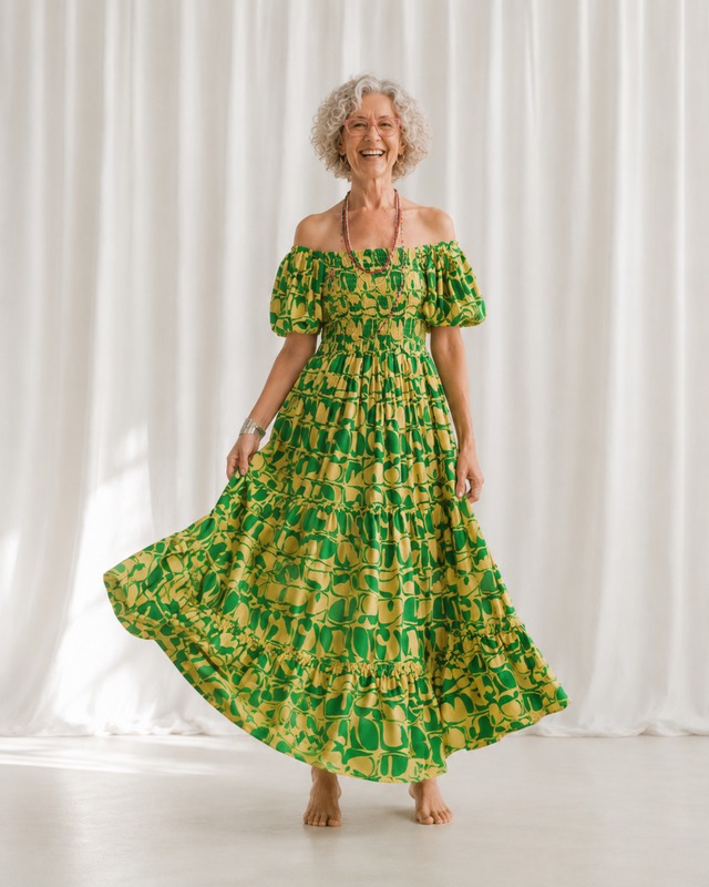 残り２点【LONG】イエロー×グリーン｜Fancy Satin Shirred Dress