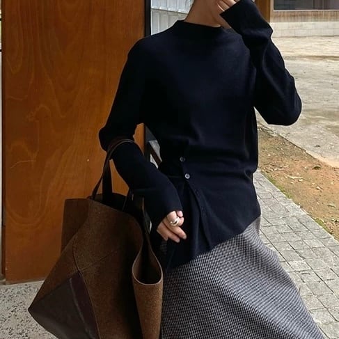 ボタンフロント 長袖 アシンメトリー ニット YH9750