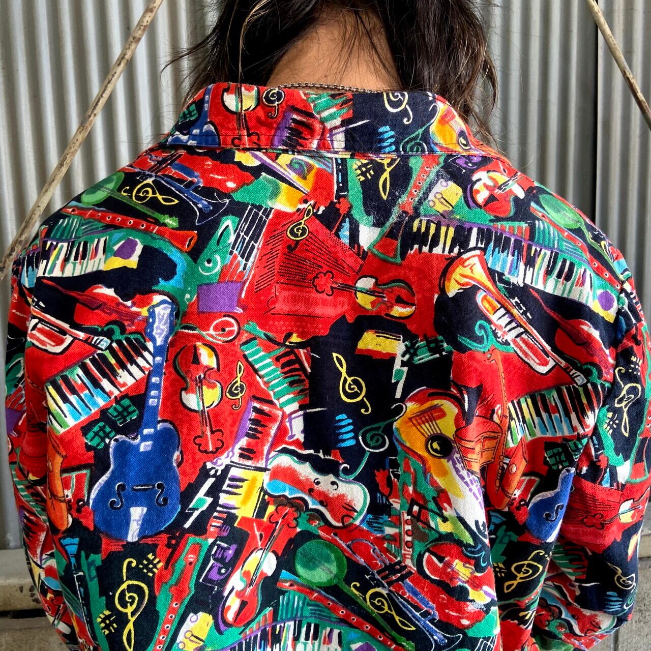 TAKE TWO コットンキャンバス 長袖 楽器柄 総柄シャツジャケット