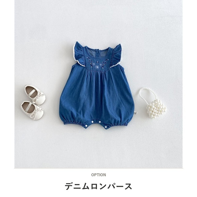 【BABY】刺繍フリルノースリーブデニムロンパース - 2