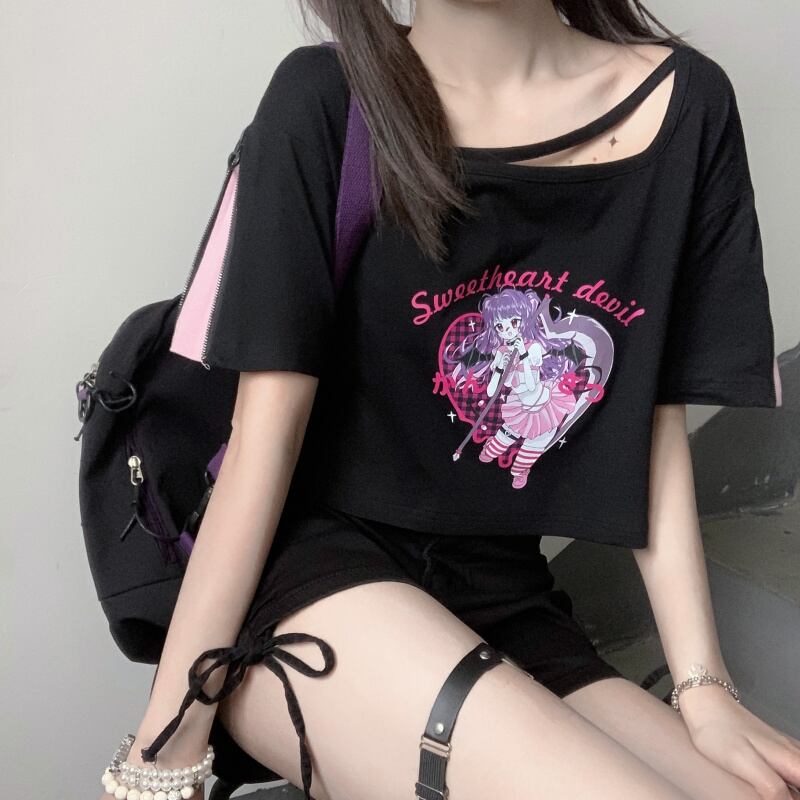 サブカル 服 地雷系 通販 Tシャツ 半袖 袖ZIP ショート丈 プリント柄 英字ロゴ 甘め