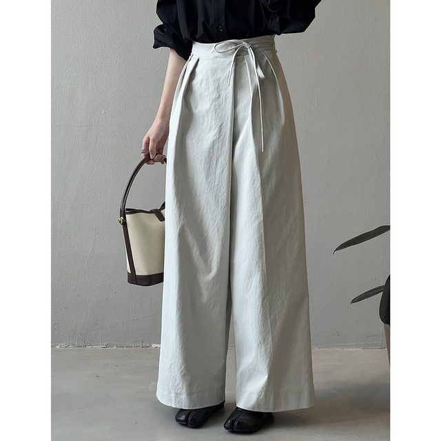 waist ribbon wide pants　i-0410