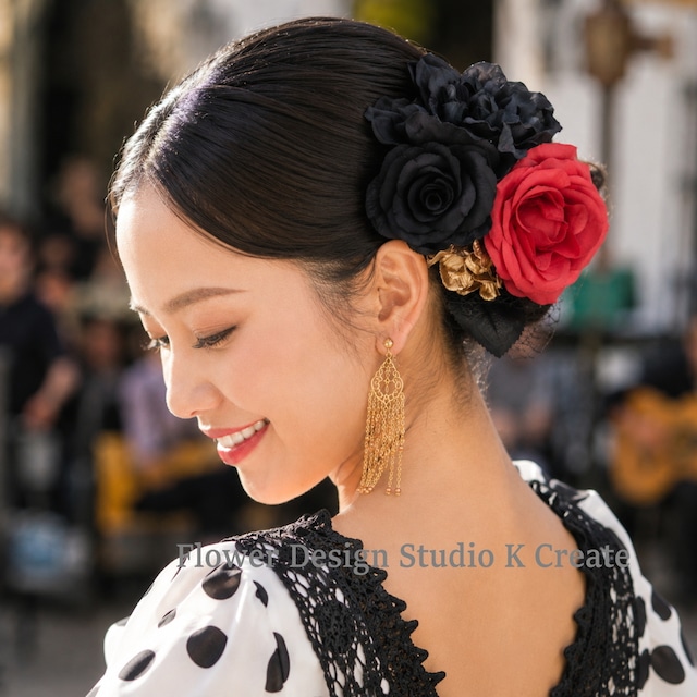 赤い薔薇と黒薔薇のブーケ風フローレス|ソレア・ティエント・舞台・成人式・和装洋装対応