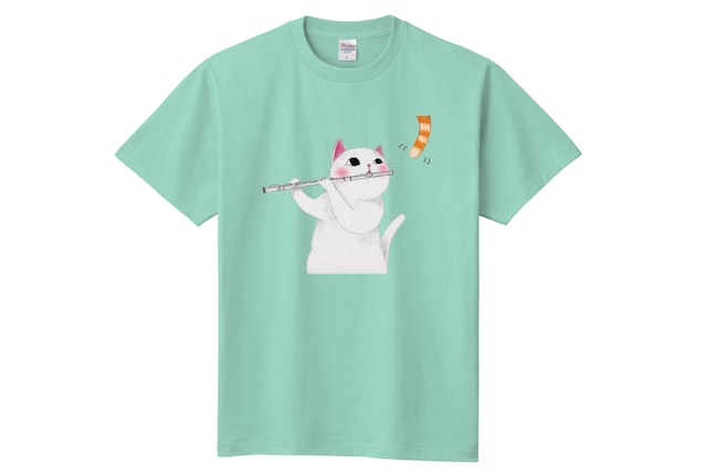 フルート猫のＴシャツ(ペパーミントグリーン)