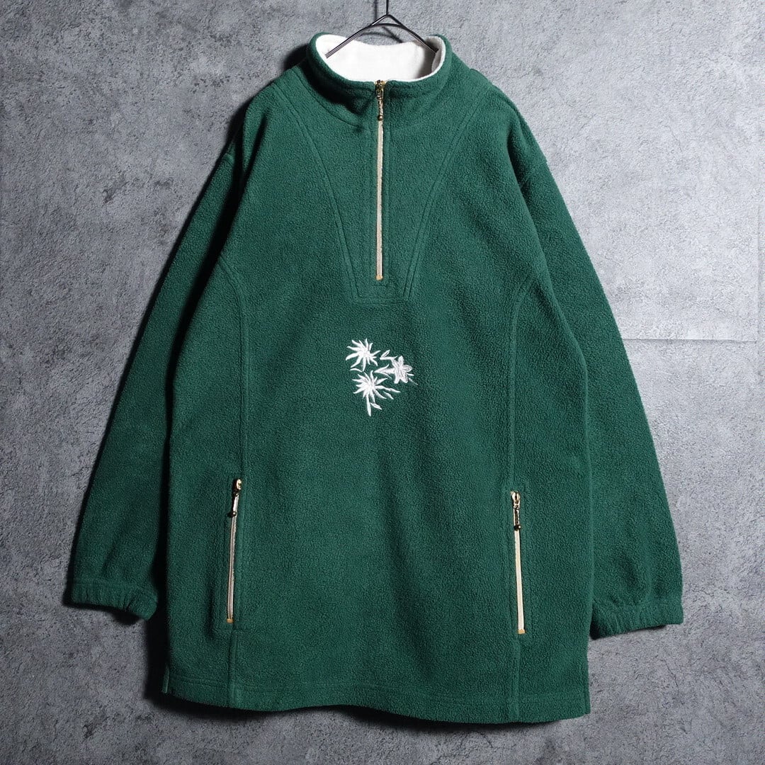 EURO flower motif embroidery half zip fleece pullover