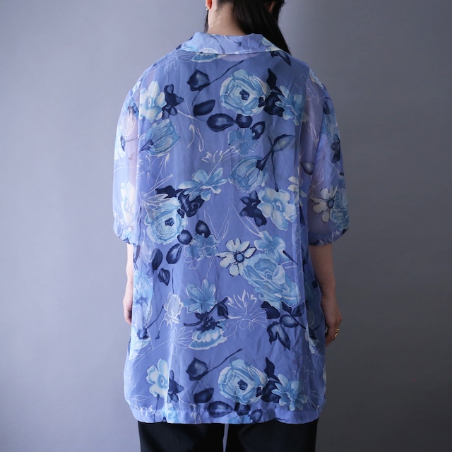 cold color beautiful flower pattern over silhouette h/s see-through shirt