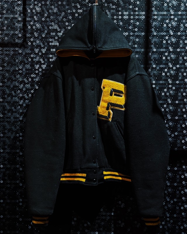 【ÆIEM】Vintage ATHLETE LETTERING “P” Chenille Patch Zip Deformation Hood Black × Gold Wool Varsity Jacket