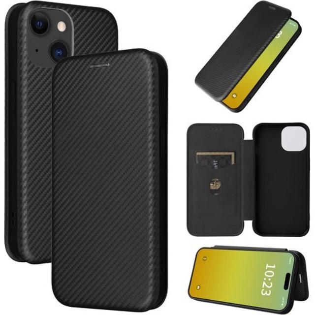 Pelanty iPhone 15 6.1 ケース 手帳型 炭素繊維調 iPhone15 携帯カバー iPhone 15 2023 ケース 軽量 薄型 財布型 カード収納 アップル アイフォン15 6.1インチ スマホケース マグネット ストラップ付き 耐衝撃 全面保護-ブラック 2091