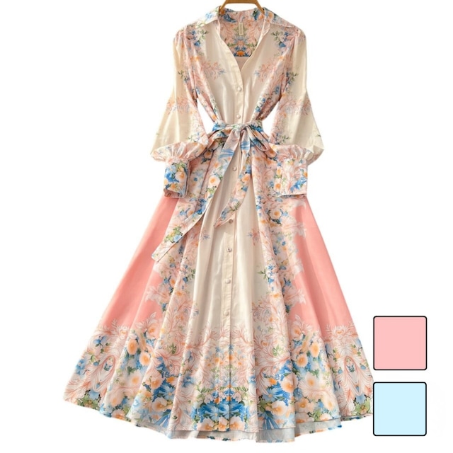 フラワーリボンデザインフレアワンピース 2color L2223