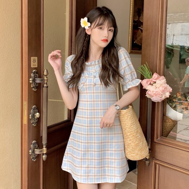 ドレス レディースサマー薄手カラーウェスト格子柄スカート 夏物 スクウェア 1号婦人23633182884