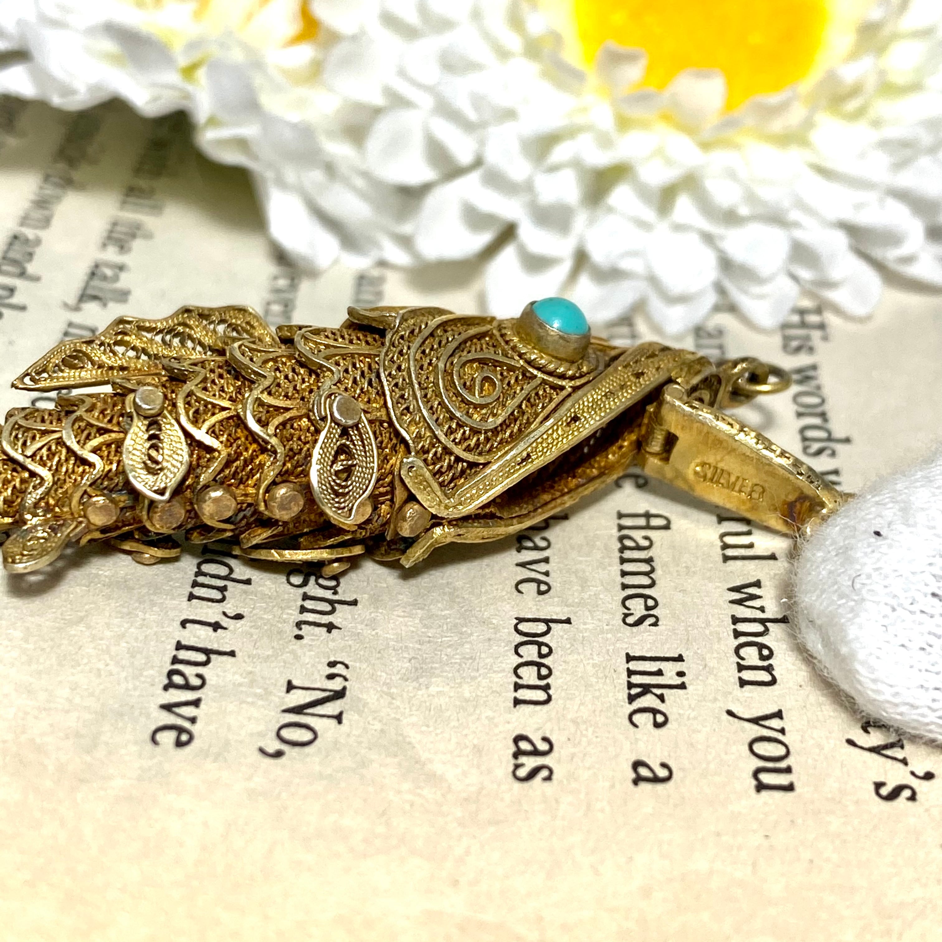 アンティークビンテージフィリグリーネックレストップシルバー刻印魚