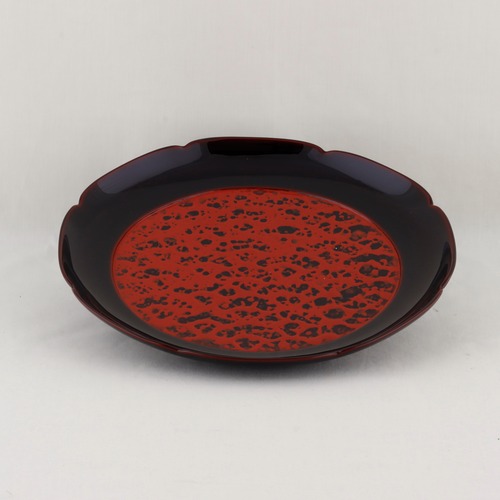 1730  輪島塗　輪花盆／脱乾漆／溜内耀変塗／波文様