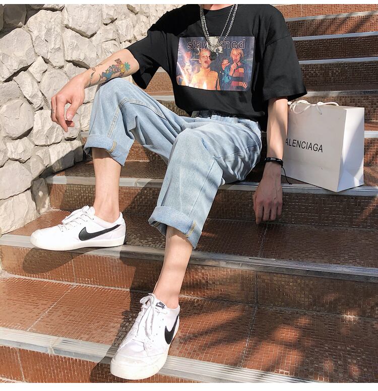 全1色 デニム パンツ ストレート カジュアル ワイド クラッシュ