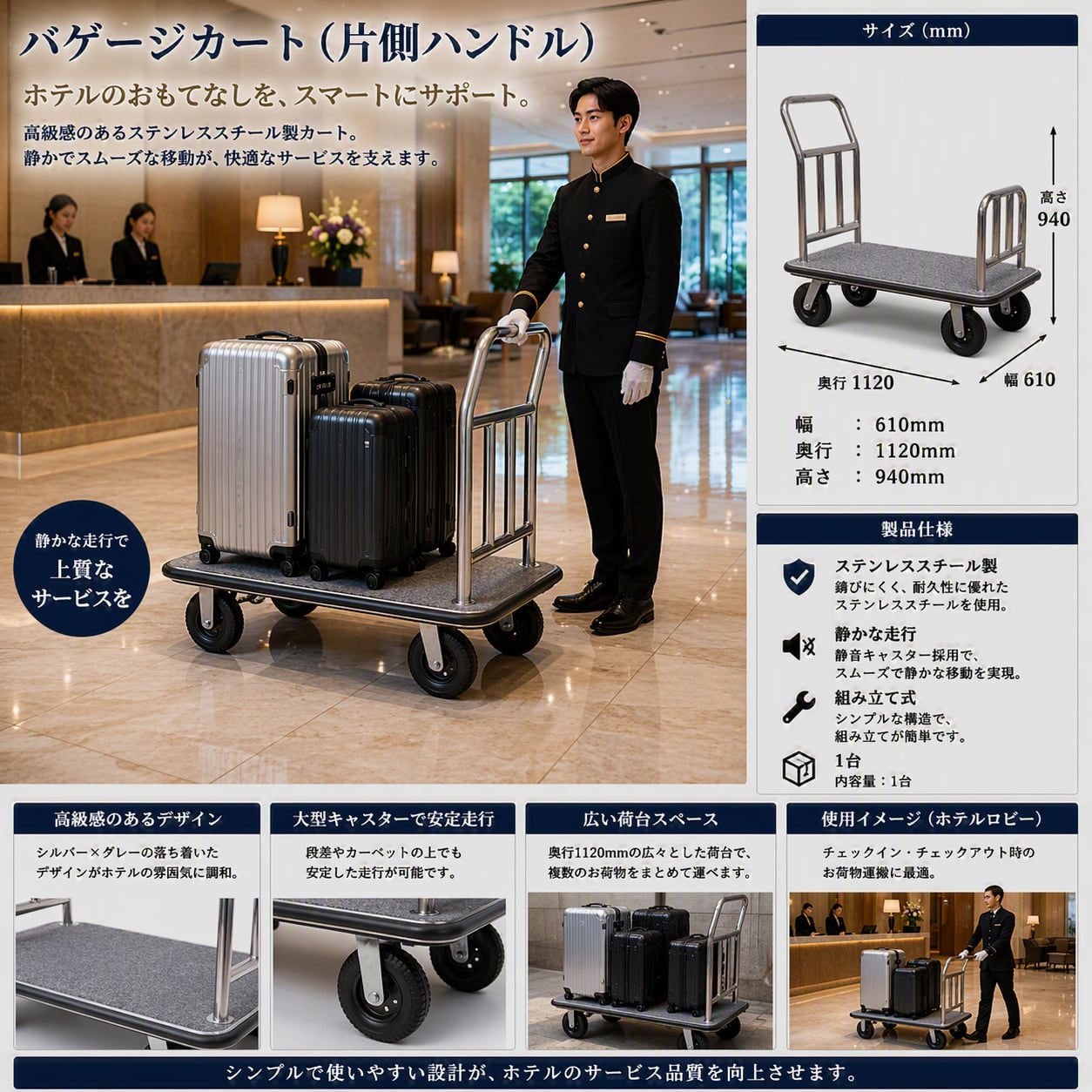 ホテルカート バゲジカート ラゲッジカート バゲージカート 片側