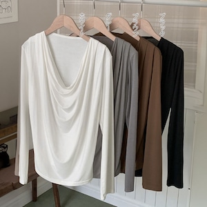 ドレープ Tシャツ 長袖 レディース 春秋 トップス 韓国 大人 カジュアル きれいめ ストリート おしゃれ ドレープネック 無地 カットソー 大人可愛い 大人女子