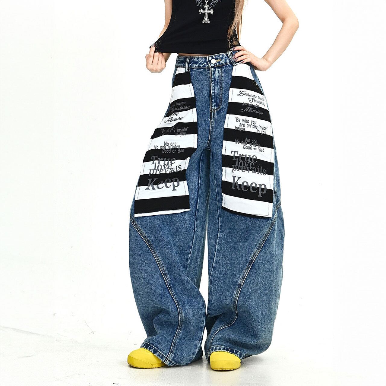 ストライプロゴパッチミックスフルレングスワイドデニムパンツ 2col R02003