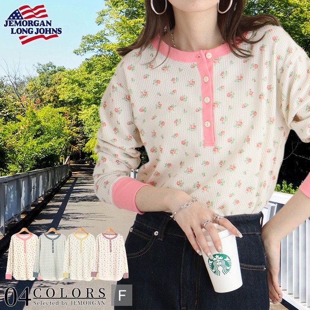 【かわいい衿配色】ワッフル花柄クレリックヘンリー L/S Tee #JE130-59S