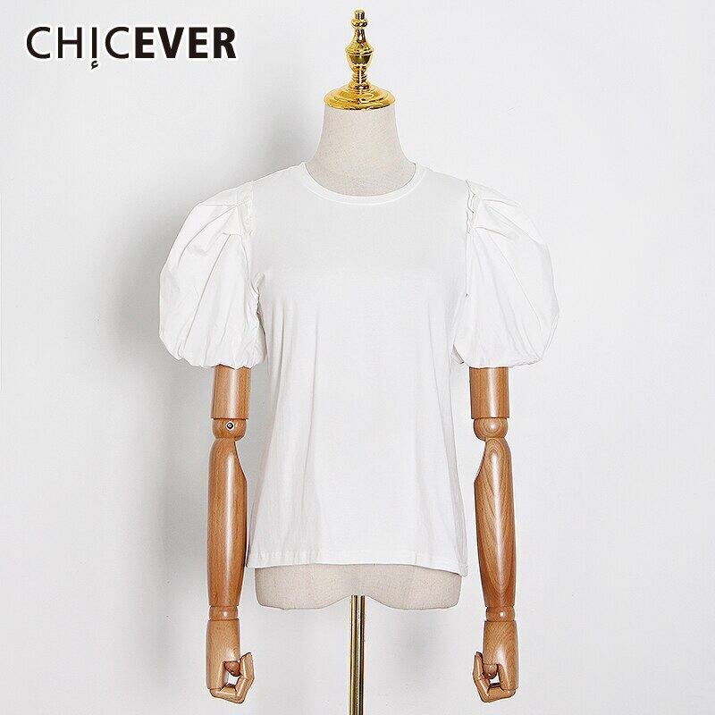 CHICEVERホワイトTシャツレディースOネックパフ半袖シャーリングスリムミニマリストTシャツ2021夏服タイド ショート ハーフスリーブ サマー 夏物 6base514339611399