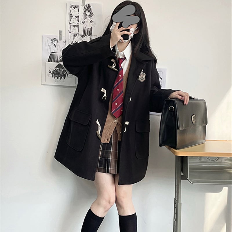 コート カレッジスタイル ホーンボタン 徽章 ワッペン ウール 可愛い