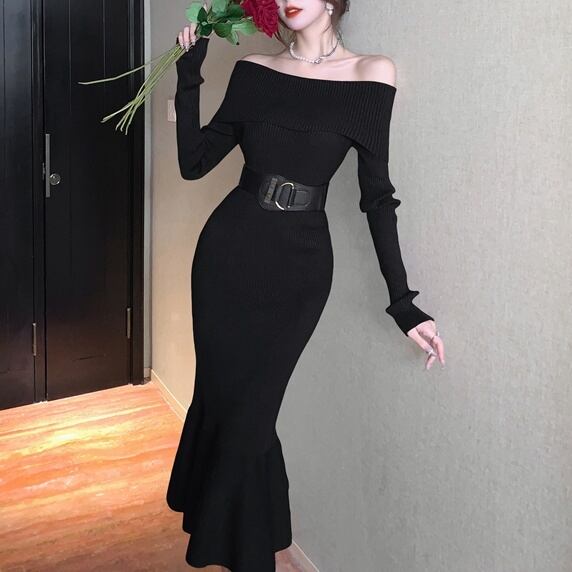 ワンピース ドレス レディース ロングワンピース マーメイドワンピース ロング丈 袖あり 長袖 オフショルダー スレンダーライン 異素材ドッキング ウエストベルト ニット きれいめ 大人 上品 お洒落 かっこいい 送料無料 キュート ガーリー エレガント フォーマル 美しい 高級感 クラシカル 春 秋 冬 10代 20代 30代 40代 オフィス ビジネス OL デート お出かけ 女子会 パーティー イベント 旅行 韓国 韓国系 ファッション スタイル 体型カバー インスタ映え S M L ホワイト