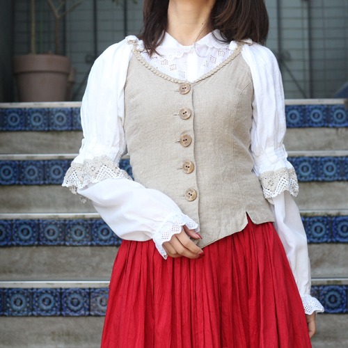 EU VINTAGE Rose Dirndl BACK LACE UP LINEN DESIGN TYROLEAN TOPS/ヨーロッパ古着バックレースアップリネンデザインチロリアントップス