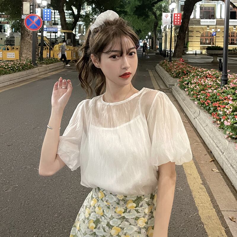 薄手ホワイトスリーブシフォンシャツ スタイルサマートップス 大人ガーリー スウィート キュート カジュアル 夏物 スーパーモール3777459631