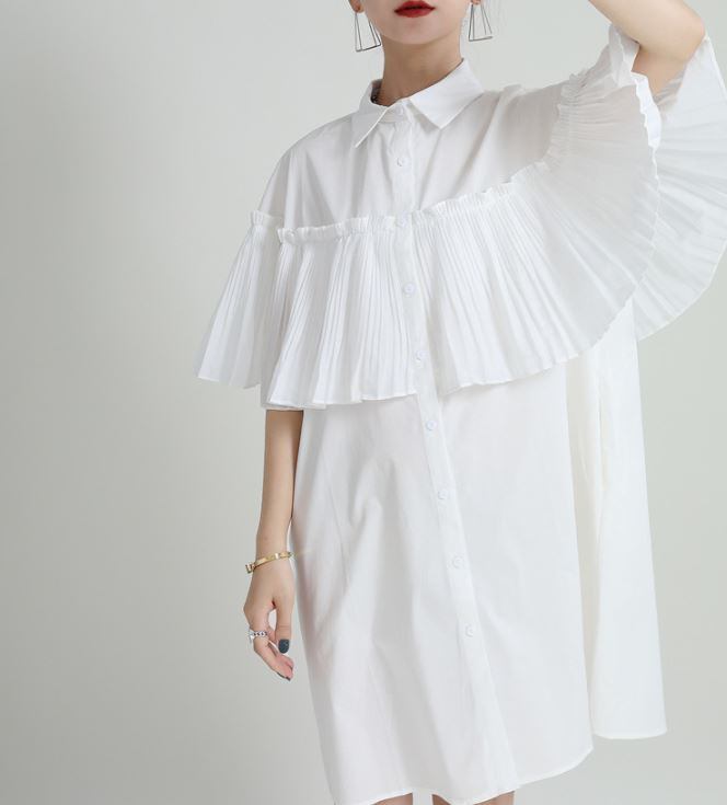   プリーツ 半袖 シャツ ワンピース ドレス シャツワンピース モード レディース 半袖 プリーツ シャツ 個性