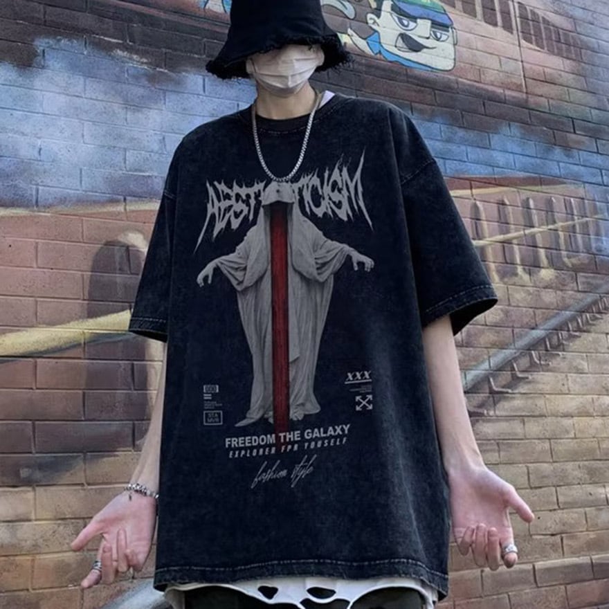 サブカル 服 地雷系 通販 半袖Tシャツ オーバーサイズ プリント ユーズド ウォッシュド レトロ 闇かわいい