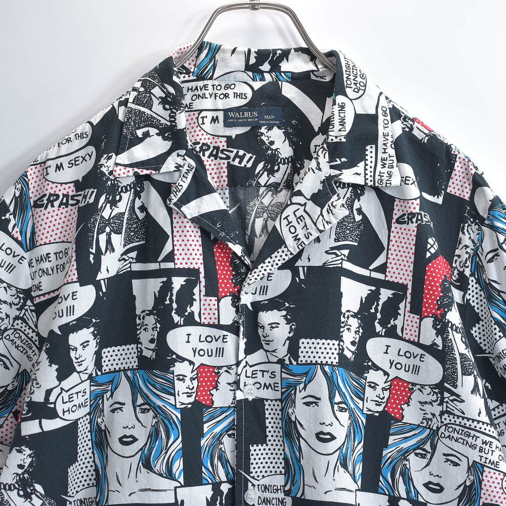 90~00s WALRUS ウォルラス アメコミ 総柄 ポップアートデザイン コットンシャツ 半袖 ブラック ヴィンテージ ビンテージ 古着 メンズ Mサイズ