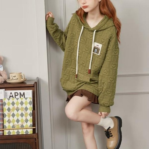 パーカー レディース 型押し ハート S-L 春秋 フード付き 長袖 くすみカラー 熊ちゃん トップス パーカー レディース 型押し 春秋 トップス